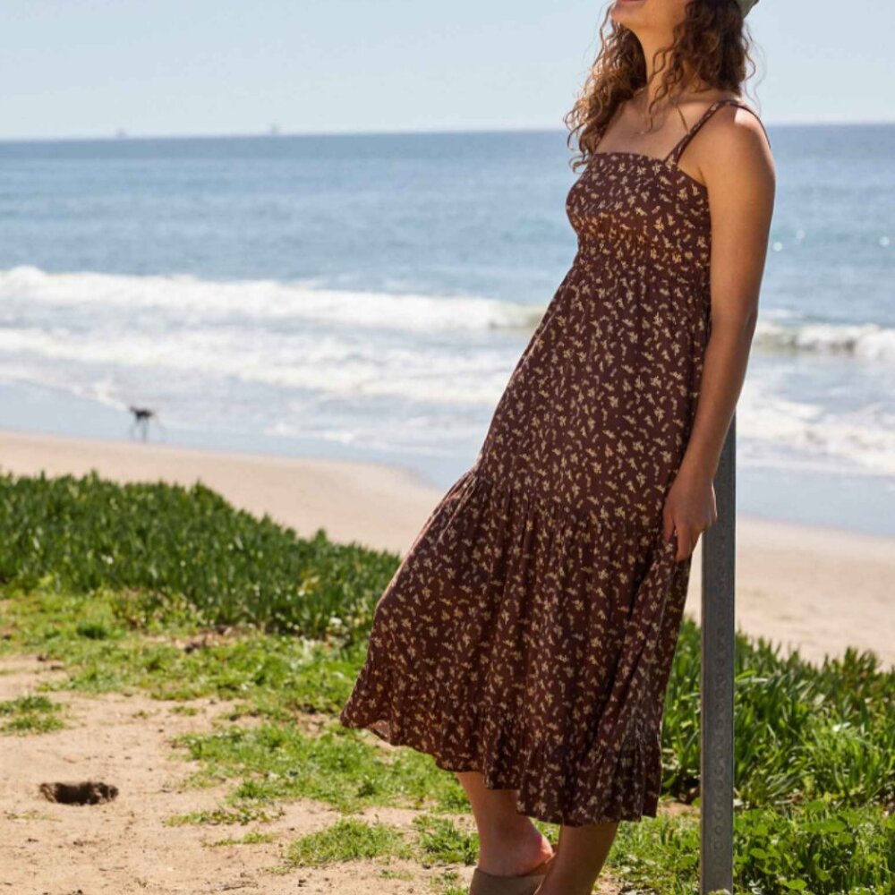 Toad&Company Taj Hemp Tiered Midi Dress Chestnut Floral Print XL